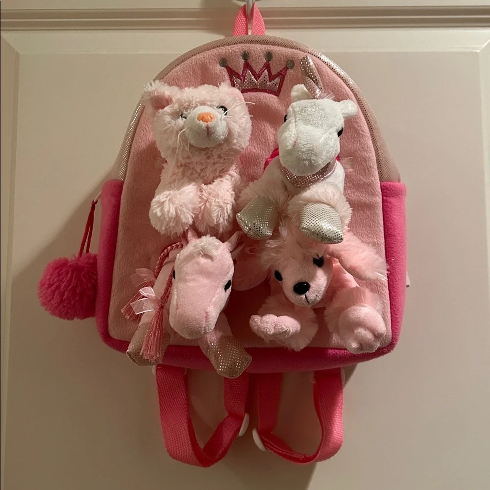 Unipak ZipUp pink Animal Plush Backpack with four removable soft plush animals